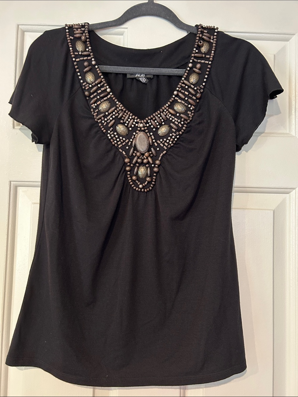 AGB Black Short Sleeve Top with Beaded V-Neck